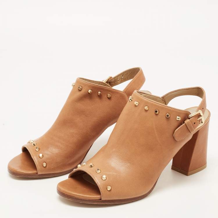 Pre Owned Stuart Weitzman Brown Leather Studded Slingback Block Heel Sandals Size 40
