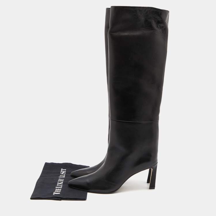 Pre Owned Stuart Weitzman Black Leather Pointed Toe Knee Length Boots Size 38.5
