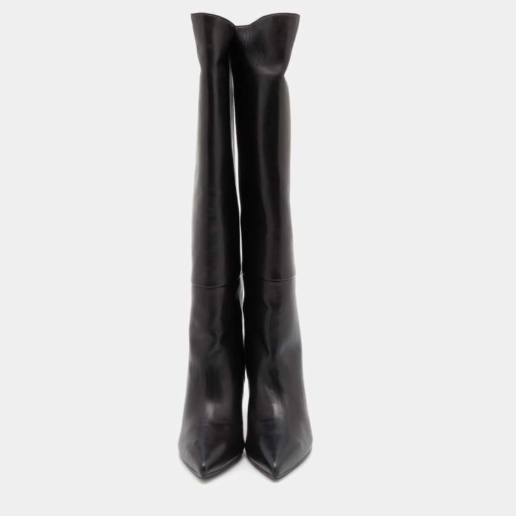 Pre Owned Stuart Weitzman Black Leather Pointed Toe Knee Length Boots Size 38.5