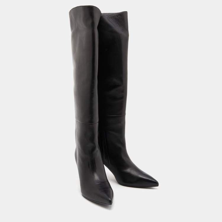 Pre Owned Stuart Weitzman Black Leather Pointed Toe Knee Length Boots Size 38.5