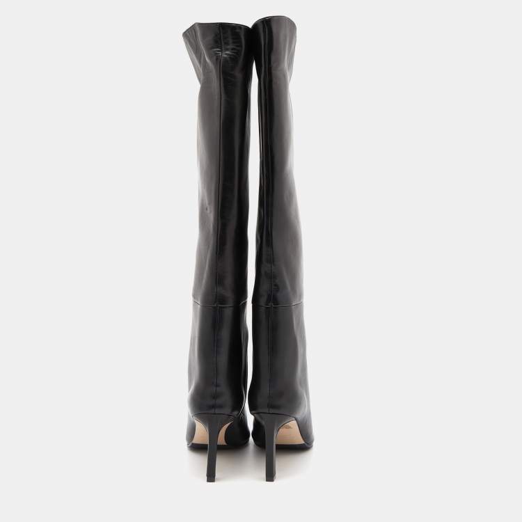 Pre Owned Stuart Weitzman Black Leather Pointed Toe Knee Length Boots Size 38.5