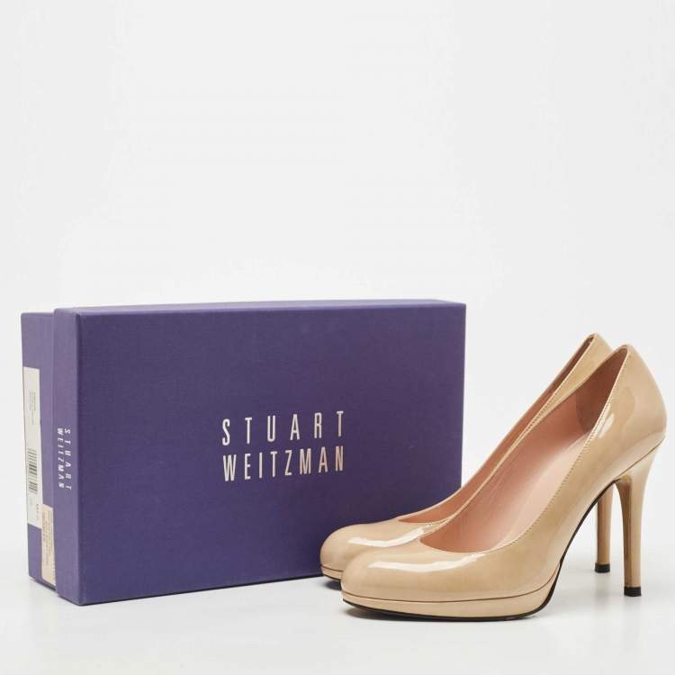 Pre Owned Stuart Weitzman Beige Patent Leather Round Toe Pumps Size 37.5