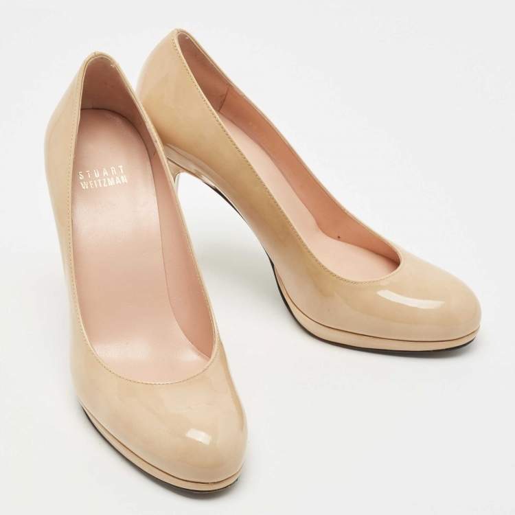 Pre Owned Stuart Weitzman Beige Patent Leather Round Toe Pumps Size 37.5
