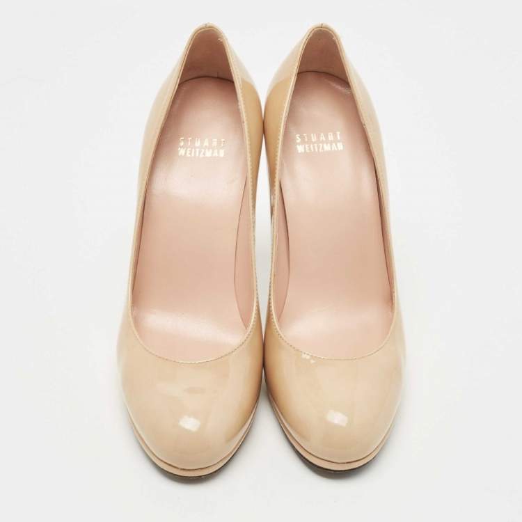 Pre Owned Stuart Weitzman Beige Patent Leather Round Toe Pumps Size 37.5
