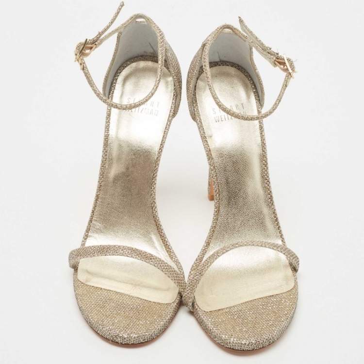 Pre Owned Stuart Weitzman Metallic Lurex Fabric Nudist Sandals Size 38