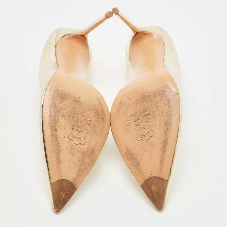 Pre Owned Stuart Weitzman Gold Foil Leather Pointed Toe Pumps Size 40.5