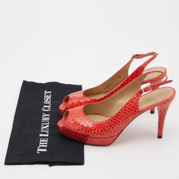 Pre Owned Stuart Weitzman Orange Python Embossed Leather Peep Toe Platform Slingback Pumps Size 40