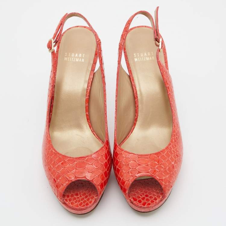 Pre Owned Stuart Weitzman Orange Python Embossed Leather Peep Toe Platform Slingback Pumps Size 40