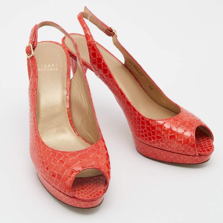 Pre Owned Stuart Weitzman Orange Python Embossed Leather Peep Toe Platform Slingback Pumps Size 40