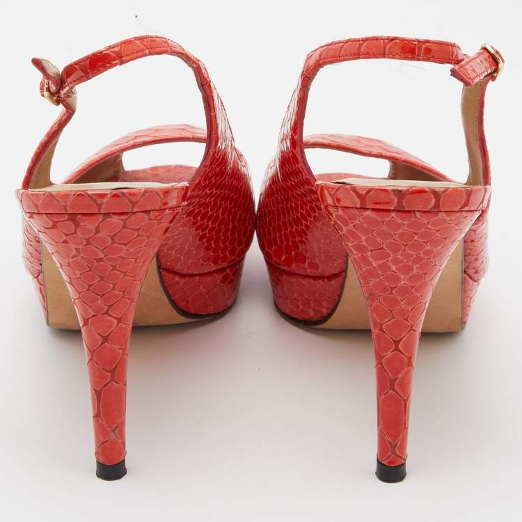 Pre Owned Stuart Weitzman Orange Python Embossed Leather Peep Toe Platform Slingback Pumps Size 40