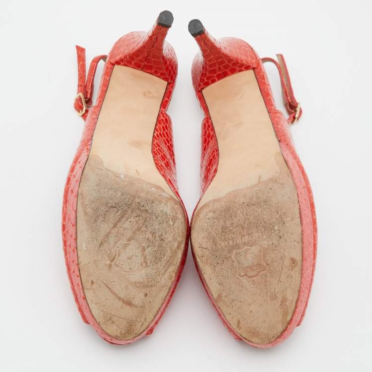 Pre Owned Stuart Weitzman Orange Python Embossed Leather Peep Toe Platform Slingback Pumps Size 40