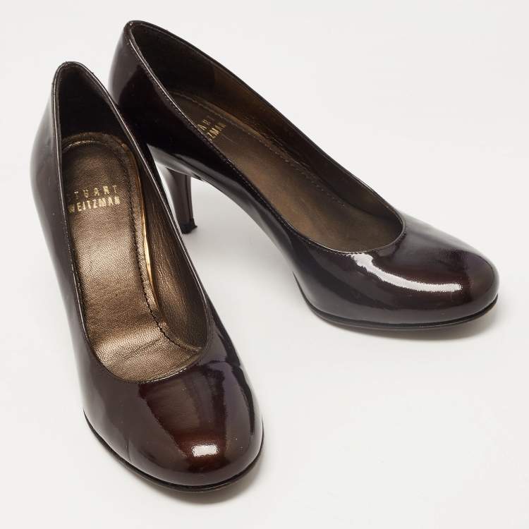 Pre Owned Stuart Weitzman Brown Patent Leather Round Toe Pumps Size 35.5