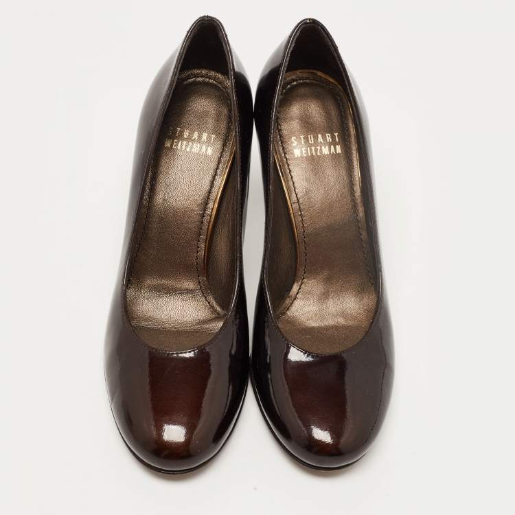 Pre Owned Stuart Weitzman Brown Patent Leather Round Toe Pumps Size 35.5