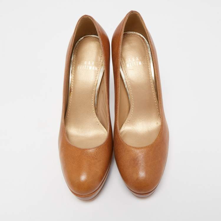 Pre Owned Stuart Weitzman Brown Leather Platform Pumps Size 35