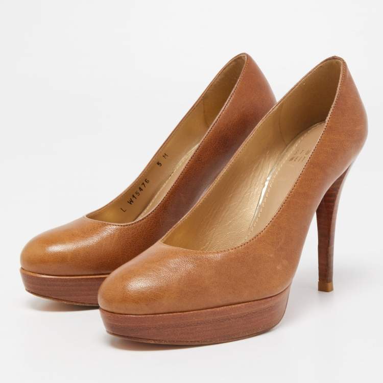 Pre Owned Stuart Weitzman Brown Leather Platform Pumps Size 35