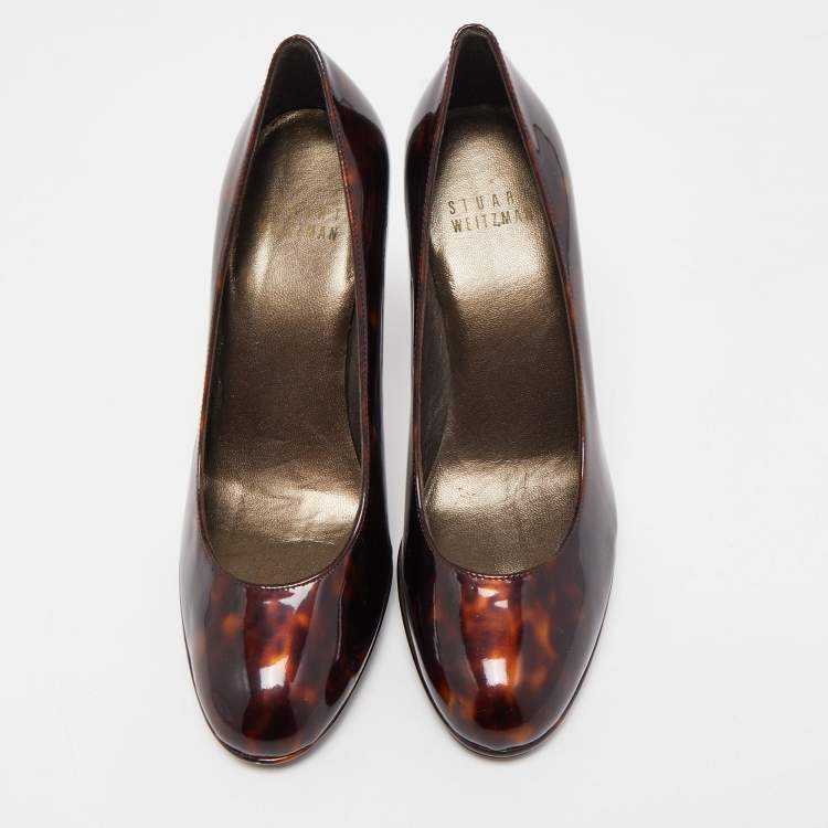 Pre Owned Stuart Weitzman Brown Leopard Print Patent Leather Pumps Size 35.5
