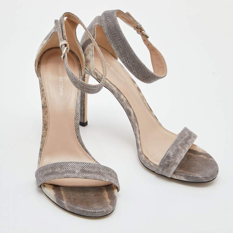 Pre Owned Stuart Weitzman Grey/Beige Karung Leather Ankle Strap Open Toe Sandals Size 39.5