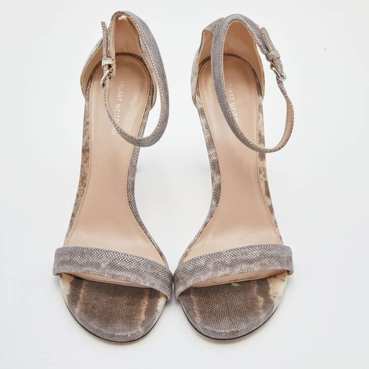 Pre Owned Stuart Weitzman Grey/Beige Karung Leather Ankle Strap Open Toe Sandals Size 39.5