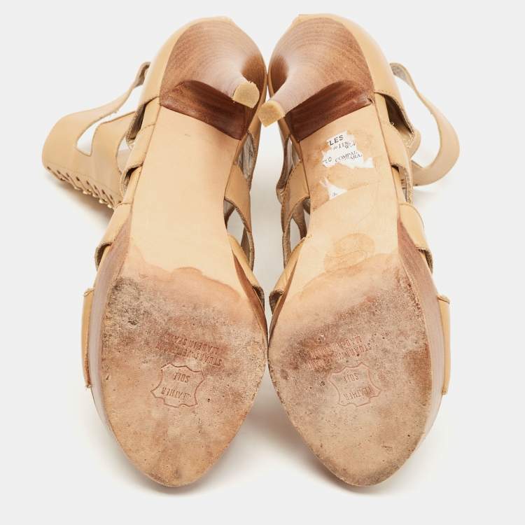 Pre Owned Stuart Weitzman Beige Leather Chain Strappy Cage Sandals Size 38