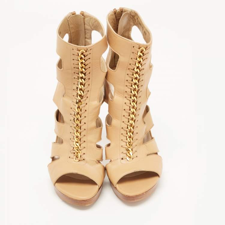 Pre Owned Stuart Weitzman Beige Leather Chain Strappy Cage Sandals Size 38
