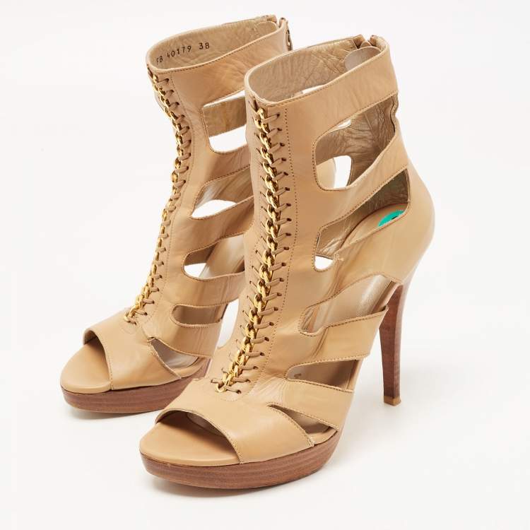 Pre Owned Stuart Weitzman Beige Leather Chain Strappy Cage Sandals Size 38