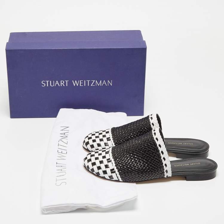 Pre Owned Stuart Weitzman Black/White Woven Leather Indiana Slide Mules Size 37