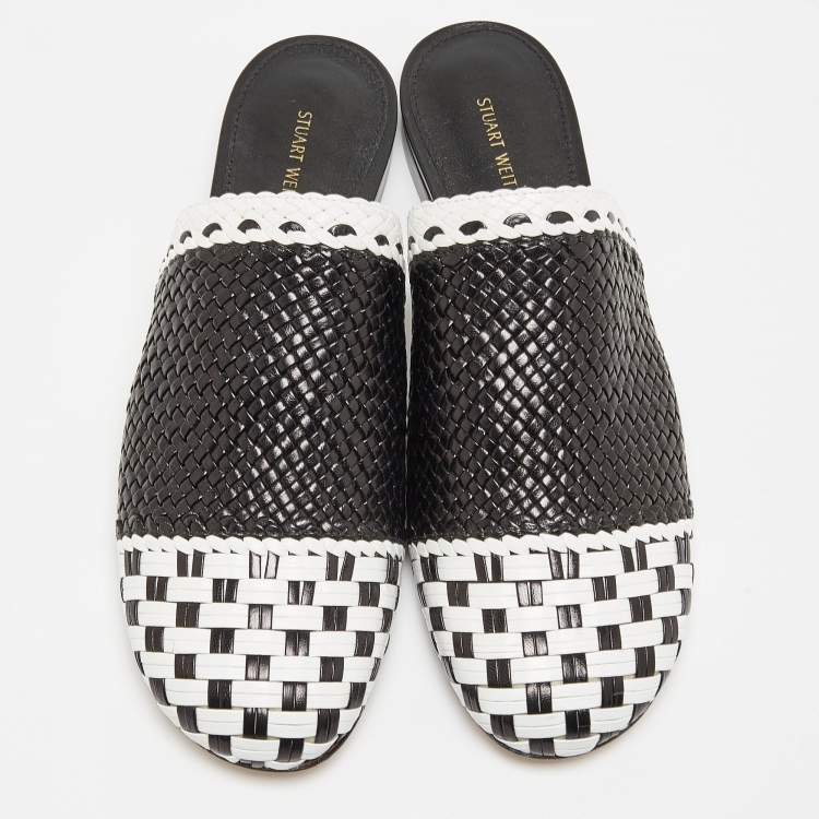 Pre Owned Stuart Weitzman Black/White Woven Leather Indiana Slide Mules Size 37
