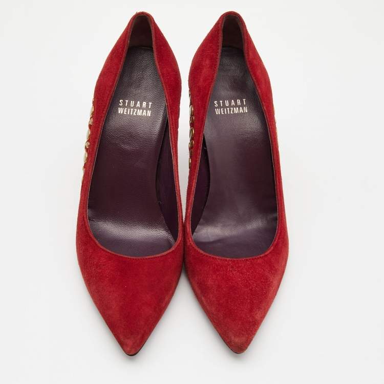 Pre Owned Stuart Weitzman Dark Red Suede Studded Pumps Size 37