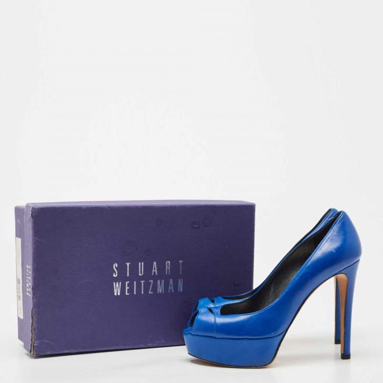 Pre Owned Stuart Weitzman Blue Leather Peep Toe Platform Pumps Size 37