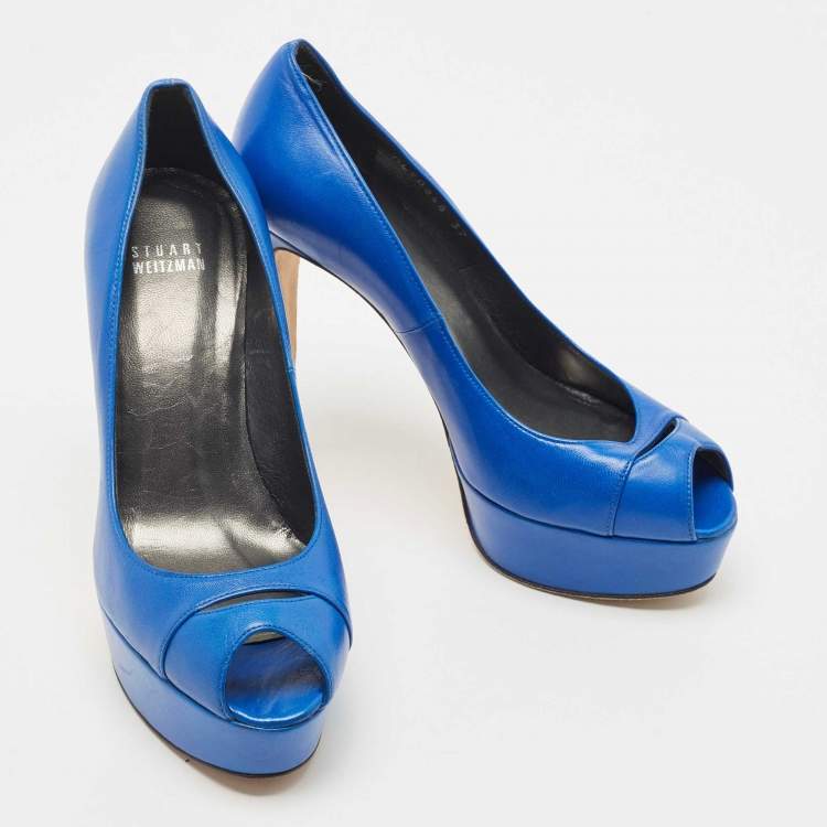 Pre Owned Stuart Weitzman Blue Leather Peep Toe Platform Pumps Size 37