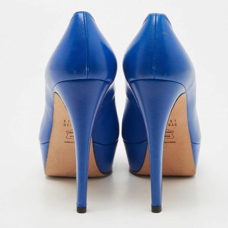 Pre Owned Stuart Weitzman Blue Leather Peep Toe Platform Pumps Size 37