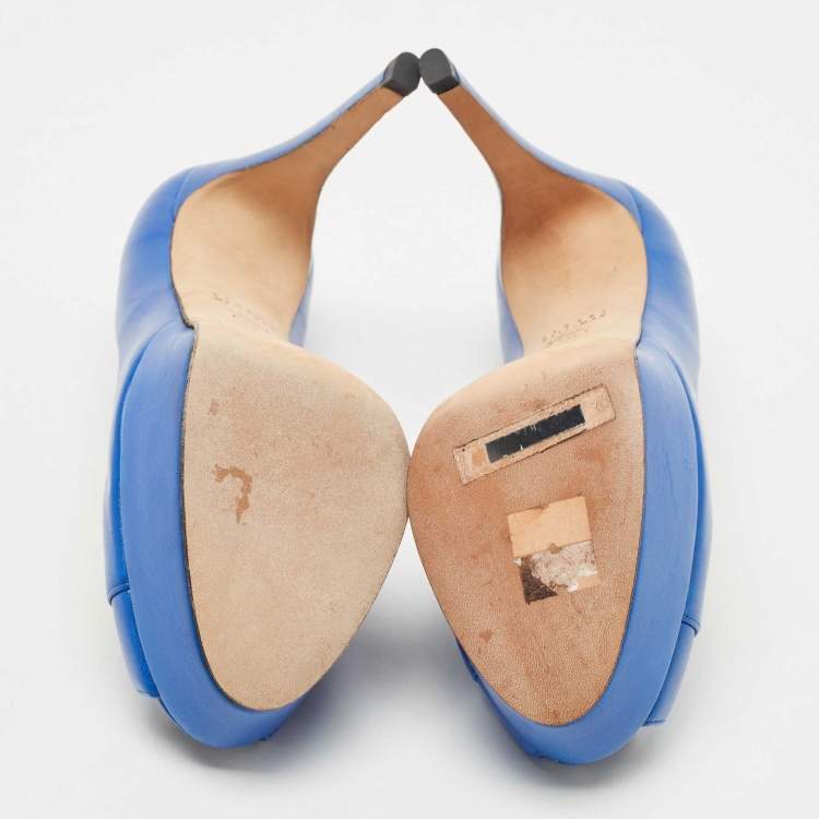 Pre Owned Stuart Weitzman Blue Leather Peep Toe Platform Pumps Size 37