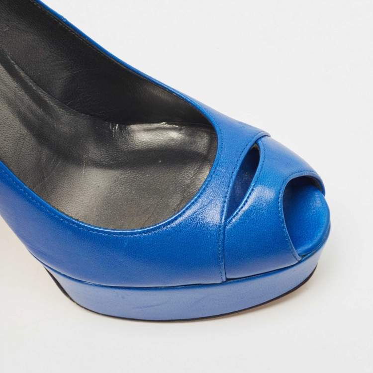 Pre Owned Stuart Weitzman Blue Leather Peep Toe Platform Pumps Size 37