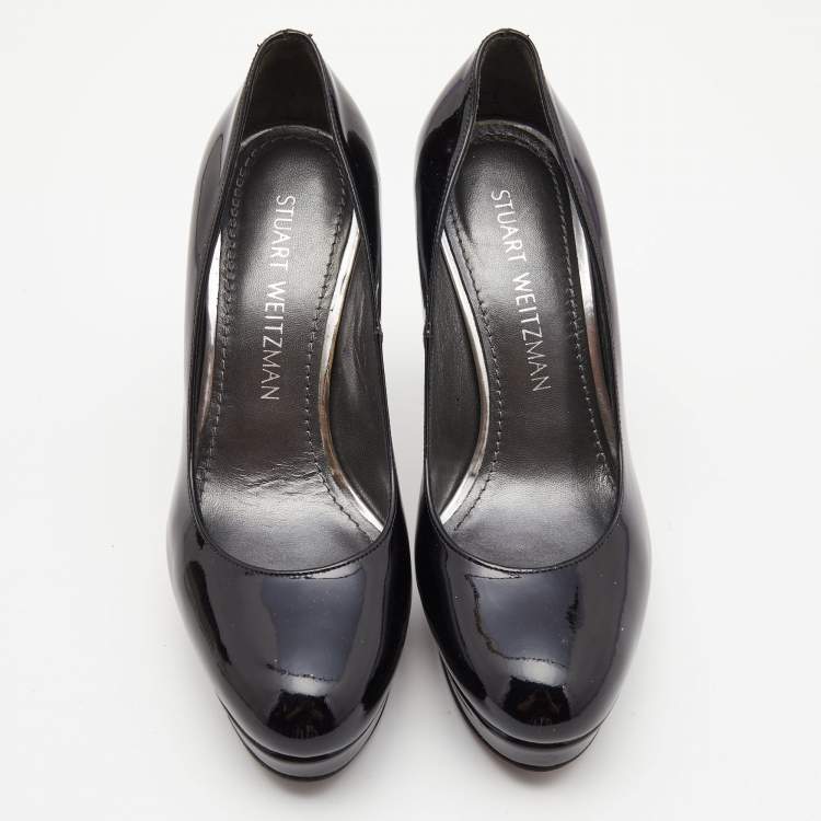 Pre Owned Stuart Weitzman Black Patent Leather Platform Round Toe Pumps Size 36