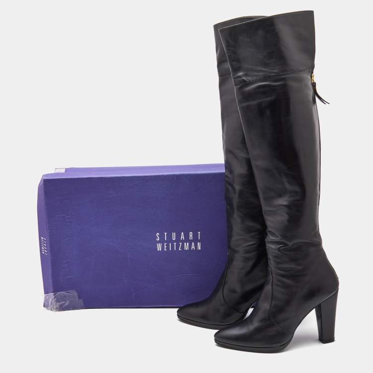 مملوكة مسبقًا Stuart Weitzman Black Leather and Leopard Calf Hair knee Length Boots Size 39