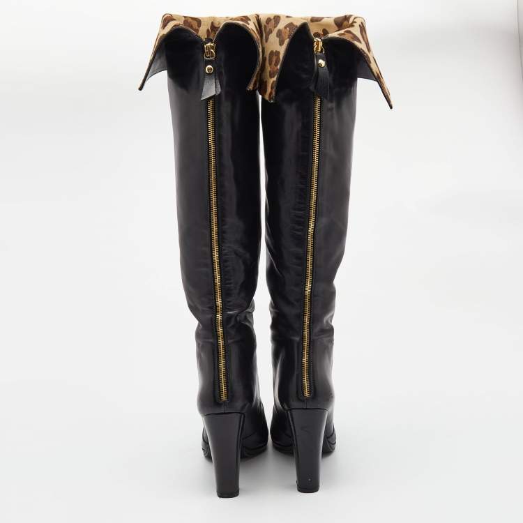 مملوكة مسبقًا Stuart Weitzman Black Leather and Leopard Calf Hair knee Length Boots Size 39