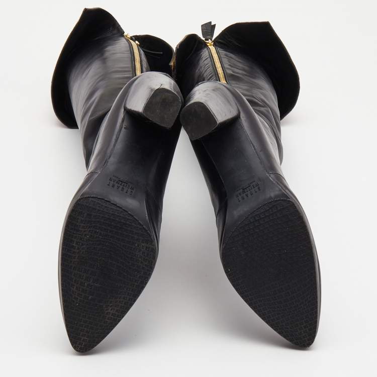مملوكة مسبقًا Stuart Weitzman Black Leather and Leopard Calf Hair knee Length Boots Size 39