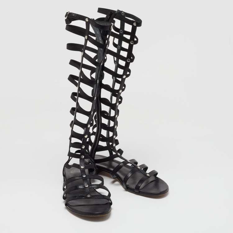 Pre Owned Stuart Weitzman Black Leather Gladiator Sandals Size 39