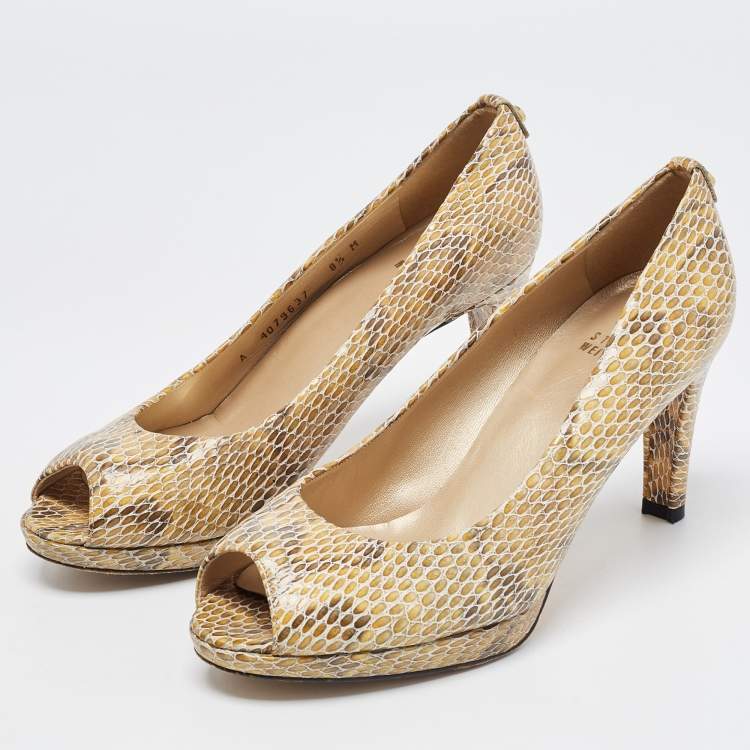 Pre Owned Stuart Weitzman Multicolor Python Embossed Leather Peep Toe  Pumps Size 39