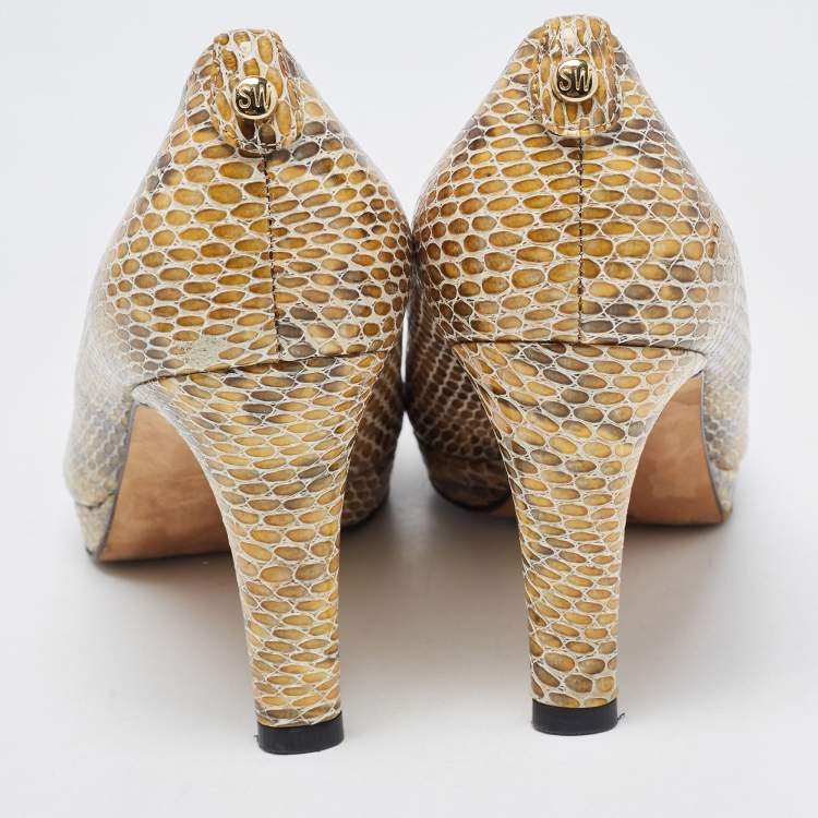 Pre Owned Stuart Weitzman Multicolor Python Embossed Leather Peep Toe  Pumps Size 39
