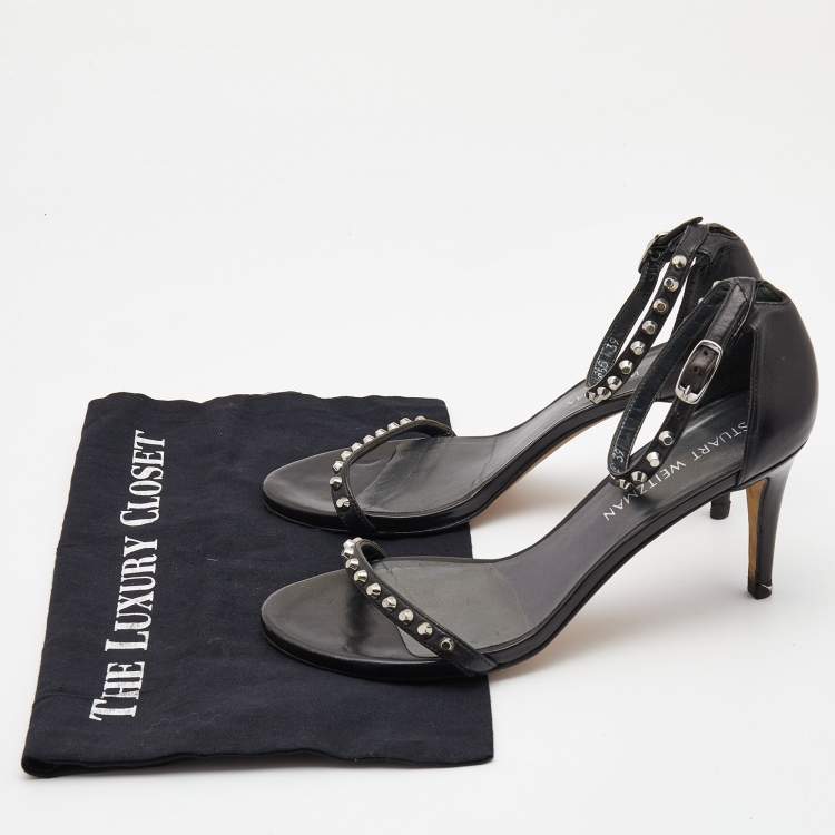 Pre Owned Stuart Weitzman Black Leather Studded Ankle Strap Sandals Size 39