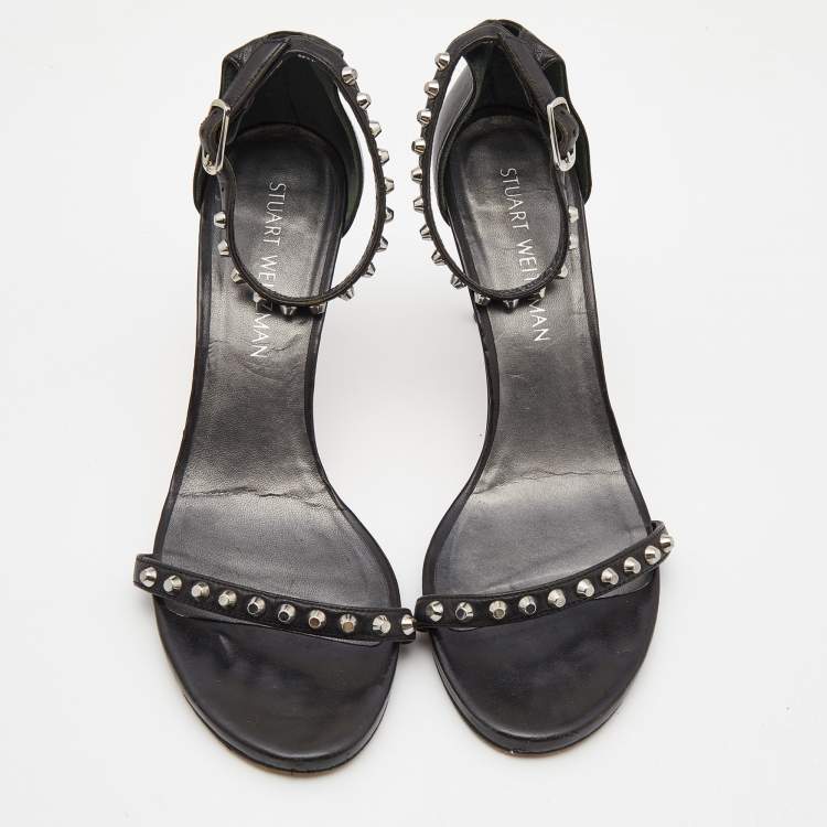 Pre Owned Stuart Weitzman Black Leather Studded Ankle Strap Sandals Size 39