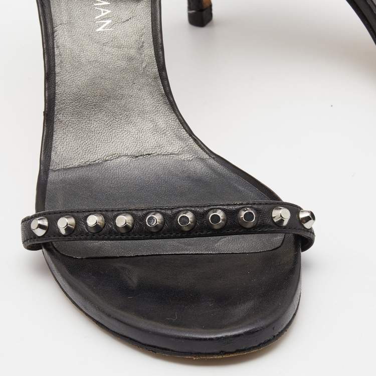 Pre Owned Stuart Weitzman Black Leather Studded Ankle Strap Sandals Size 39