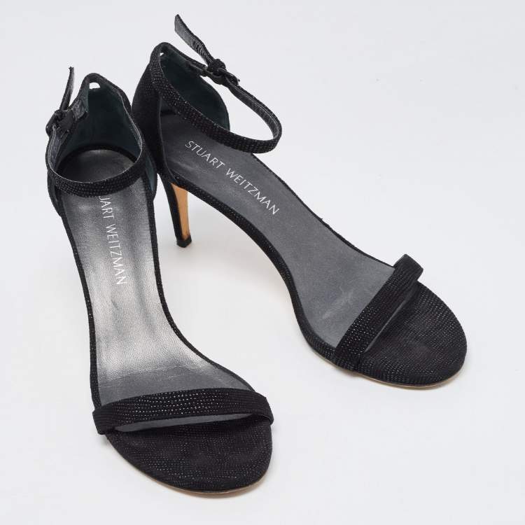 Pre Owned Stuart Weitzman Black Textured Suede Ankle Strap Open Toe Sandals Size 39 