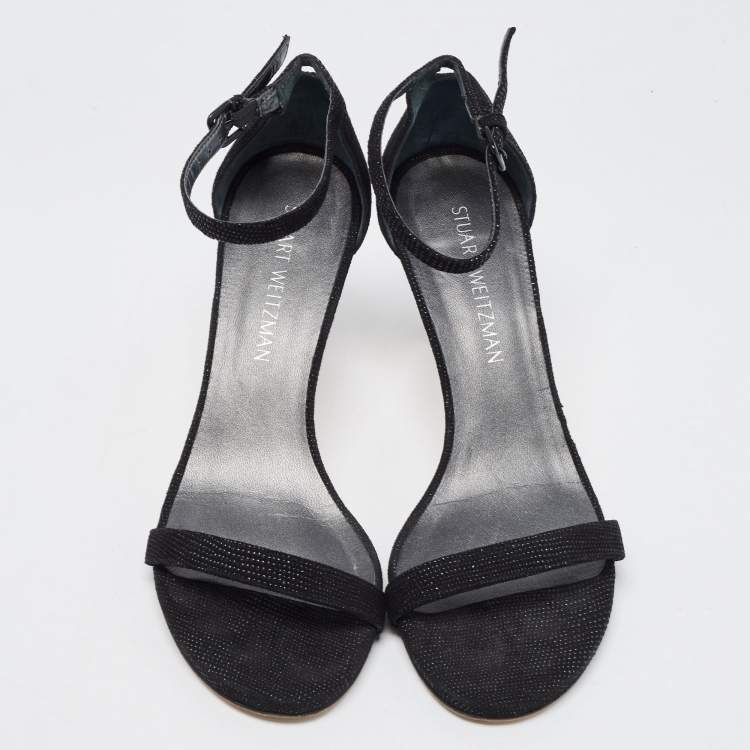 Pre Owned Stuart Weitzman Black Textured Suede Ankle Strap Open Toe Sandals Size 39 
