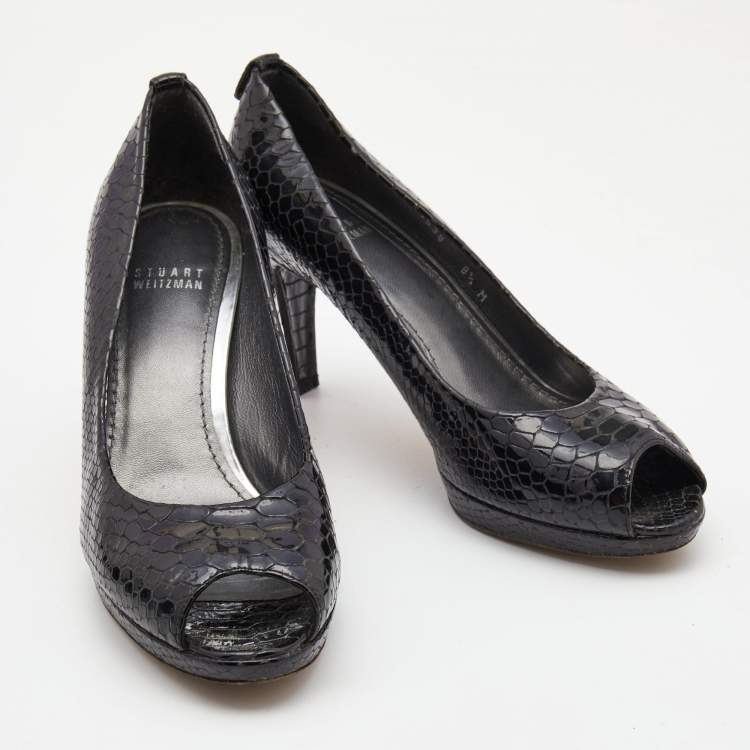 Pre Owned Stuart Weitzman Black Python Embossed Leather Peep Toe Platform Pumps Size 39