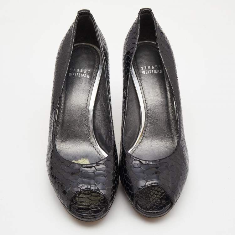 Pre Owned Stuart Weitzman Black Python Embossed Leather Peep Toe Platform Pumps Size 39