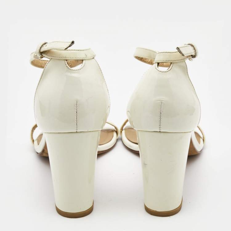Pre Owned Stuart Weitzman Cream Patent Leather Block Heel Ankle Strap Sandals Size 39.5