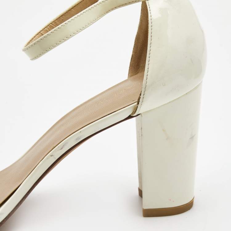 Pre Owned Stuart Weitzman Cream Patent Leather Block Heel Ankle Strap Sandals Size 39.5