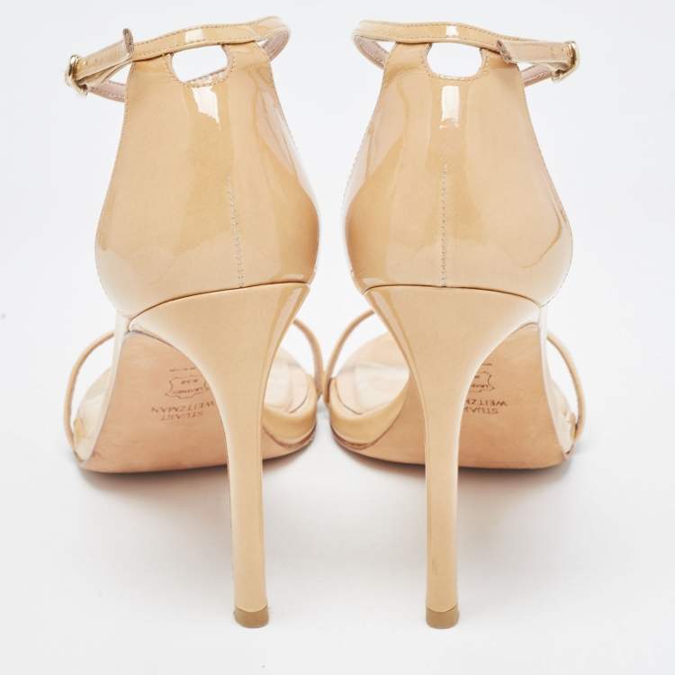 Pre Owned Stuart Weitzman Beige Patent Leather Nudist Sandals Size 38.5